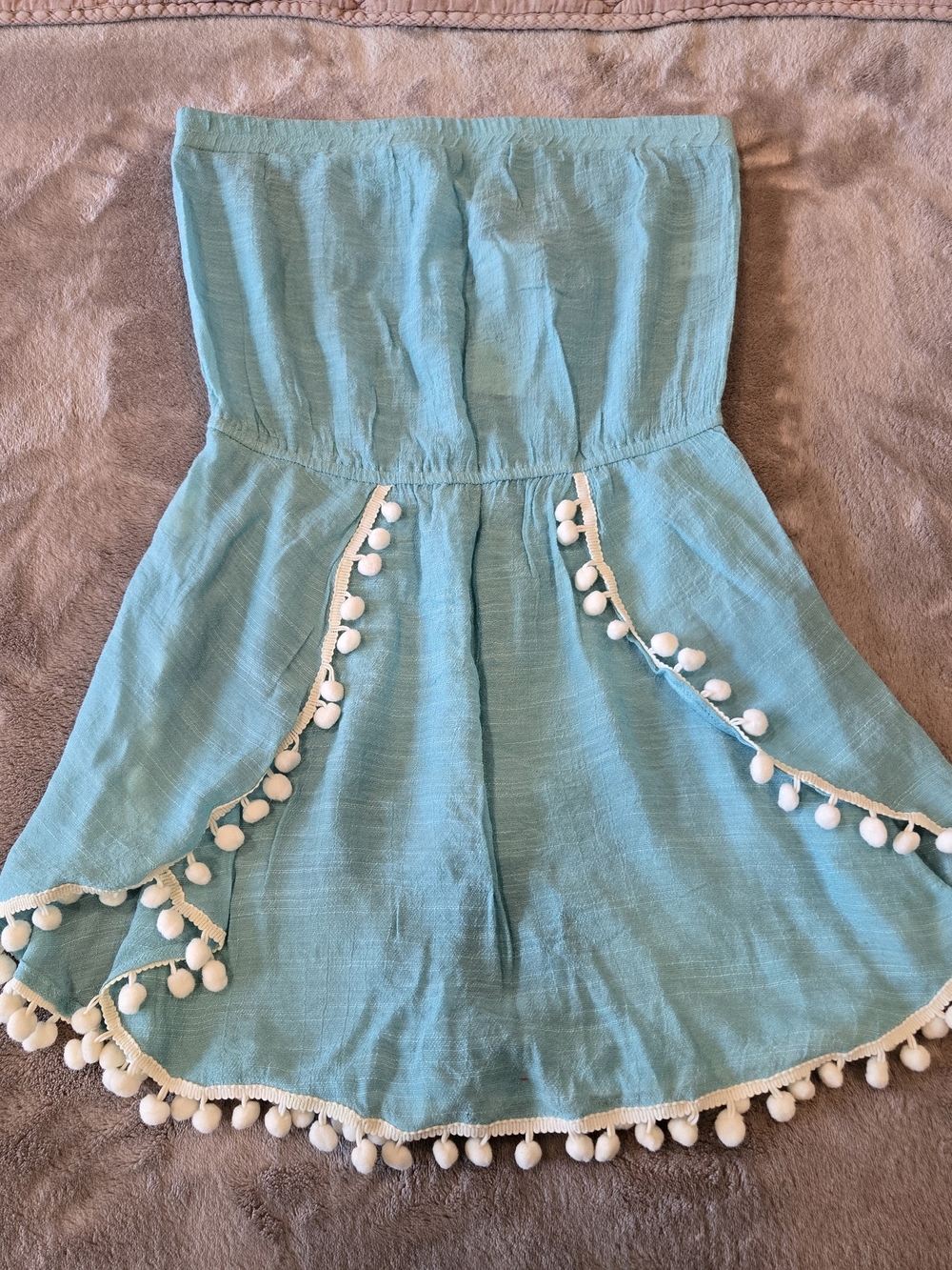 Francesca's Collections Aqua Strapless Pom-Pom Trim Dress